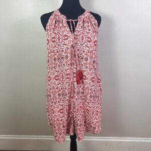 C&E Red White Damask Paisley Halter Shift Dress with Tassels and Pockets Size M